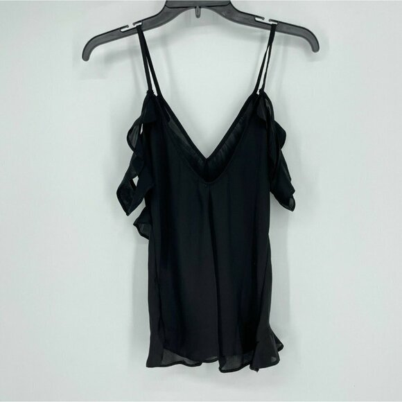 ASOS Tank Top Women's Sz 4 Black V Neck Cold Shoulder Cami Ruffle Strappy Blouse - Picture 2 of 6